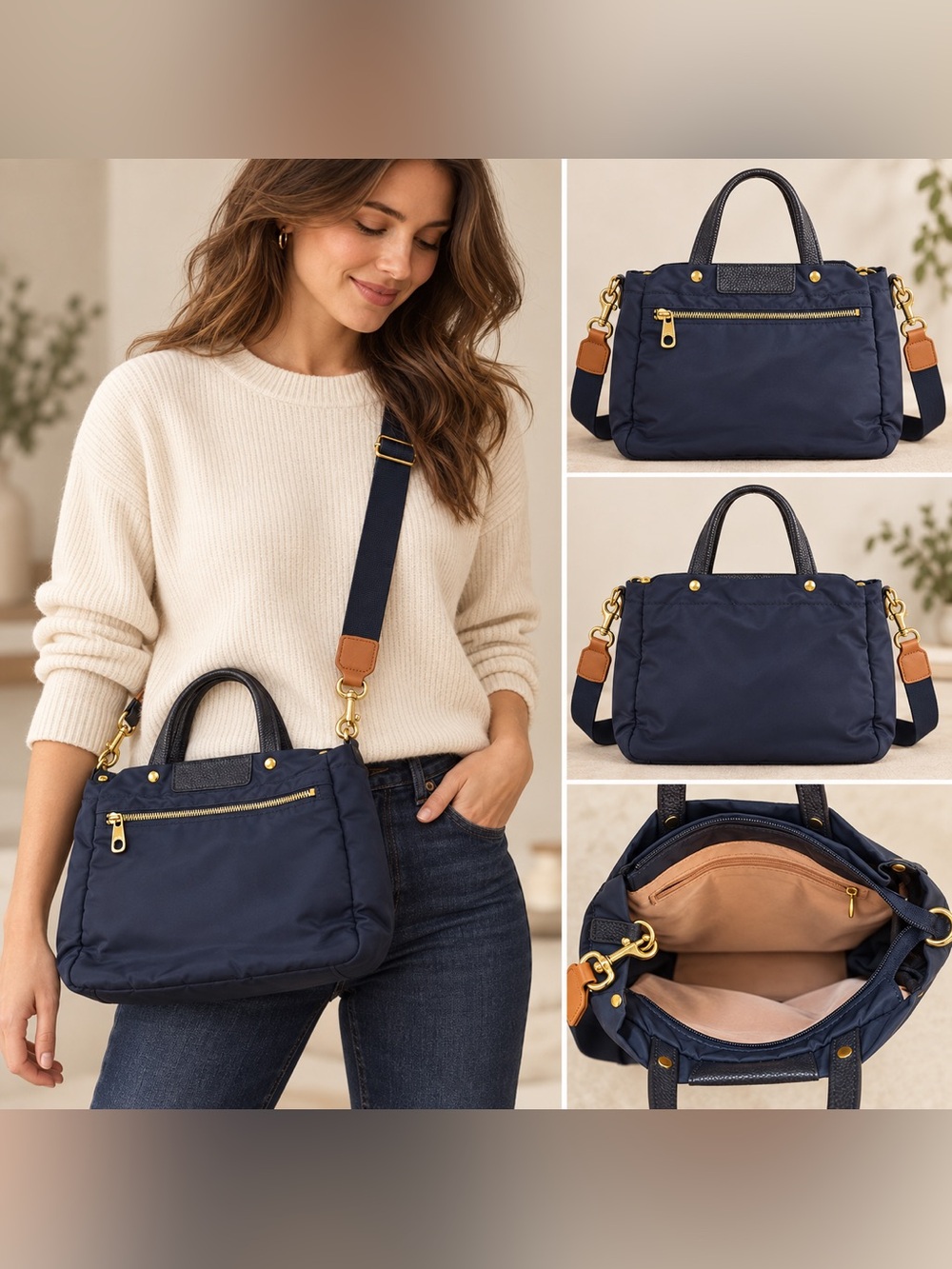 Boulevard California Posh Navy Nylon Leather Crossbody Tote Bag